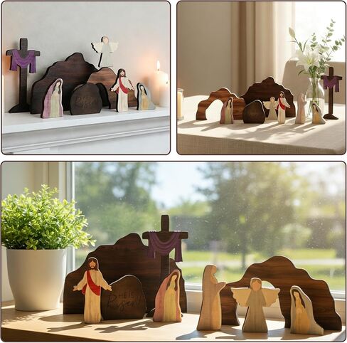 miikoul مشهد عيد الفصح القبر الفارغ والديكور المتقاطع، 9 قطع خشبية مشهد القيامة عيد الفصح، التماثيل لديكور عيد الفصح يسوع مشهد المهد للدين، مكتب المنزل، الكنيسة، ديكور الرف in Kuwait