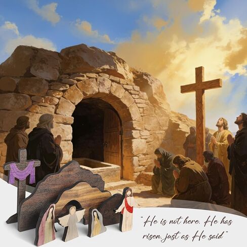 miikoul مشهد عيد الفصح القبر الفارغ والديكور المتقاطع، 9 قطع خشبية مشهد القيامة عيد الفصح، التماثيل لديكور عيد الفصح يسوع مشهد المهد للدين، مكتب المنزل، الكنيسة، ديكور الرف in Kuwait