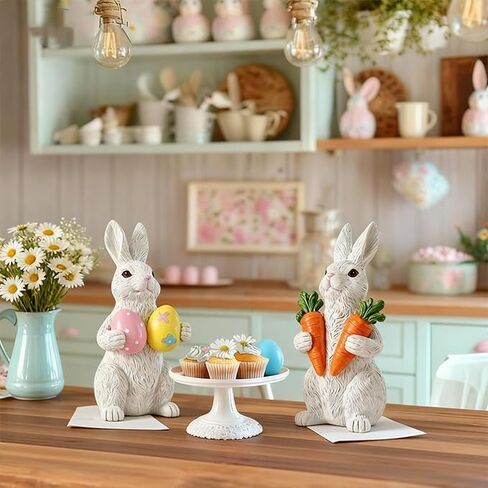 Easter Bunny decorations for Home table decor - Resin Spring rabbits With carrot and eggs -Bunny statues for indoor tabletop decor,Adorable small rabbit figurines for easter table decor,,office,gifts in Kuwait