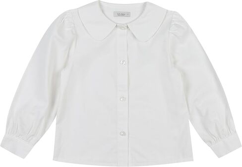 بلوزة بيتر بان من القطن الأبيض بياقة مستديرة للفتيات، قميص زي مدرسي بأكمام طويلة وأزرار سفلية، قميص فستان كلاسيكي in Kuwait