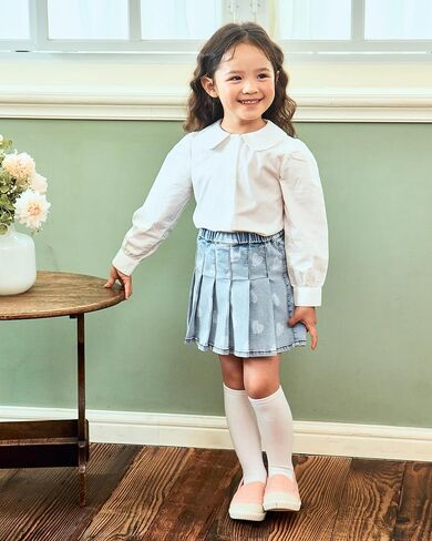 بلوزة بيتر بان من القطن الأبيض بياقة مستديرة للفتيات، قميص زي مدرسي بأكمام طويلة وأزرار سفلية، قميص فستان كلاسيكي in Kuwait