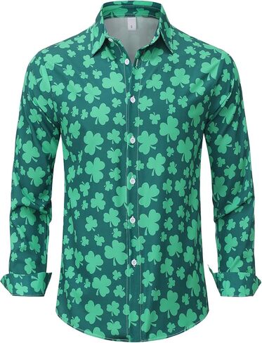 قميص رجالي لعيد القديس باتريك مضحك الأيرلندي البرسيم شامروك مطبوعة عادية هاواي كم طويل سانت بادي زر حتى تي شيرت in Kuwait