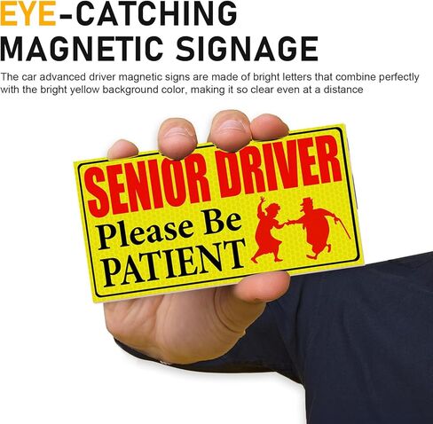 4PCS Elderly Driver Car Magnet, Reflective Elderly Driver Sticker, Please Be Patient, Yellow Safety Sign, Magnetic Bumper Sticker for Grandma and Grandpa (7.5 x 4 inch) in Saudi Arabia