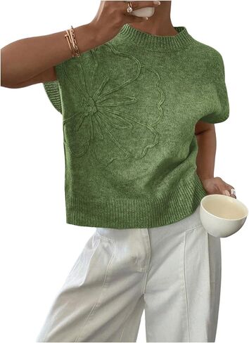 QJQ Women's Short Sleeve Sweater Vest 3D Flower Floral Decor Knit Crewnek Anthropologie Clothes Summer Casual Cute Tops 2025 in Saudi Arabia