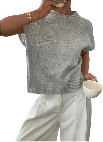 QJQ Women's Short Sleeve Sweater Vest 3D Flower Floral Decor Knit Crewnek Anthropologie Clothes Summer Casual Cute Tops 2025 in Saudi Arabia