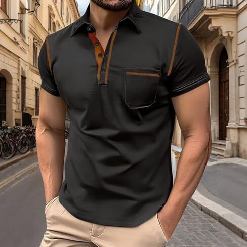 Men's Contrast Stitch Polo Shirt, Short Sleeve Casual Polo with Chest Pocket for Daily & Office Wear in Saudi Arabia