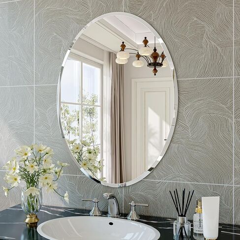 Frameless Oval Mirror, 22"x30" Beveled Oval Bathroom Mirrors, Wall Mounted Vanity Mirror for Bedroom, Entryway, Living Room, Hangs Horizontally or Vertically in Kuwait
