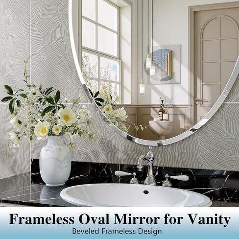 Frameless Oval Mirror, 22"x30" Beveled Oval Bathroom Mirrors, Wall Mounted Vanity Mirror for Bedroom, Entryway, Living Room, Hangs Horizontally or Vertically in Kuwait