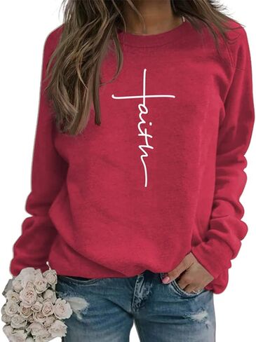 MEKOTSK Womens Faith Sweatshirt Cute Letter Graphic Shirts Long Sleeve Crew Neck Christian Pullover Tops Faith Shirts in Saudi Arabia