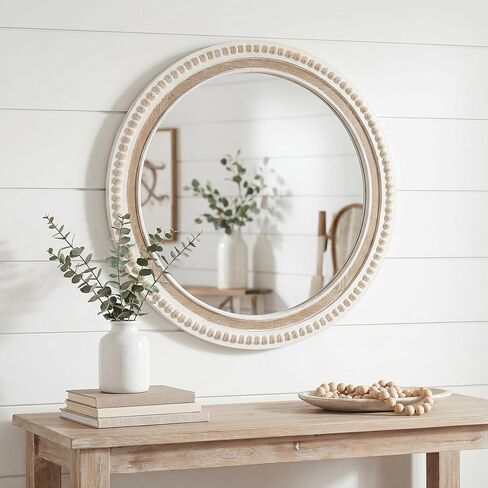 24 Inch Round Wood Wall Mirror for Wall Decor, Farmhouse Rustic White Decorative Circle Distresse Mirrors with Wooden Frame for Bedroom, Entryway, Living Room, Kithen, Home, Office in Saudi Arabia