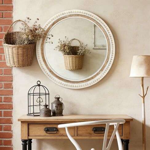 24 Inch Round Wood Wall Mirror for Wall Decor, Farmhouse Rustic White Decorative Circle Distresse Mirrors with Wooden Frame for Bedroom, Entryway, Living Room, Kithen, Home, Office in Saudi Arabia