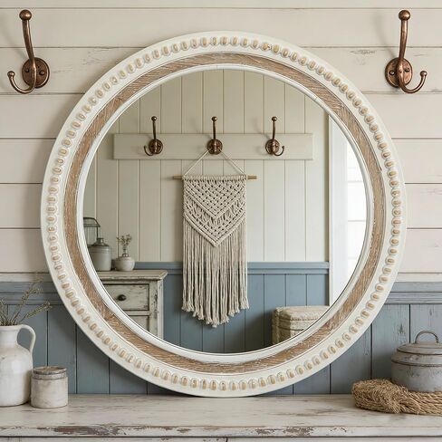 24 Inch Round Wood Wall Mirror for Wall Decor, Farmhouse Rustic White Decorative Circle Distresse Mirrors with Wooden Frame for Bedroom, Entryway, Living Room, Kithen, Home, Office in Saudi Arabia