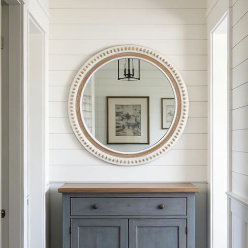 24 Inch Round Wood Wall Mirror for Wall Decor, Farmhouse Rustic White Decorative Circle Distresse Mirrors with Wooden Frame for Bedroom, Entryway, Living Room, Kithen, Home, Office in Saudi Arabia