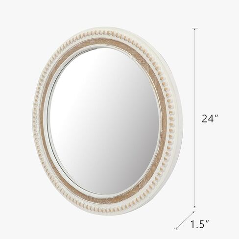24 Inch Round Wood Wall Mirror for Wall Decor, Farmhouse Rustic White Decorative Circle Distresse Mirrors with Wooden Frame for Bedroom, Entryway, Living Room, Kithen, Home, Office in Saudi Arabia