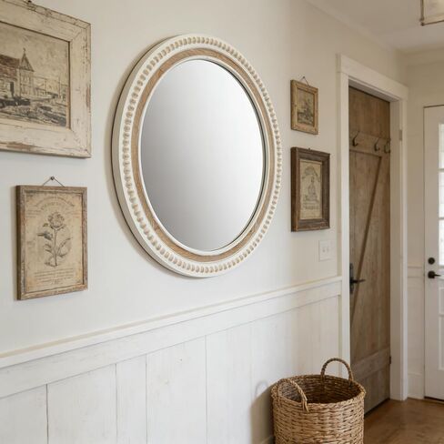 24 Inch Round Wood Wall Mirror for Wall Decor, Farmhouse Rustic White Decorative Circle Distresse Mirrors with Wooden Frame for Bedroom, Entryway, Living Room, Kithen, Home, Office in Saudi Arabia