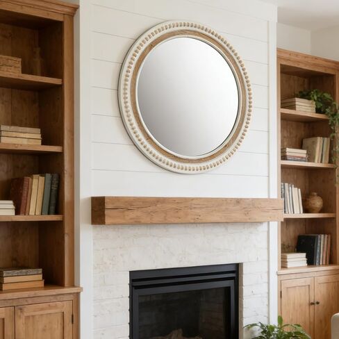 24 Inch Round Wood Wall Mirror for Wall Decor, Farmhouse Rustic White Decorative Circle Distresse Mirrors with Wooden Frame for Bedroom, Entryway, Living Room, Kithen, Home, Office in Saudi Arabia