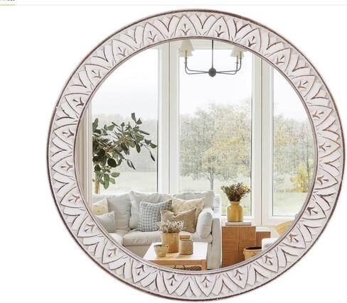 20" Rustic Distressed Wooden Round Mirror Wall Mounted for Bathroom Bedroom Living Room in Saudi Arabia