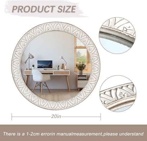 20" Rustic Distressed Wooden Round Mirror Wall Mounted for Bathroom Bedroom Living Room in Saudi Arabia
