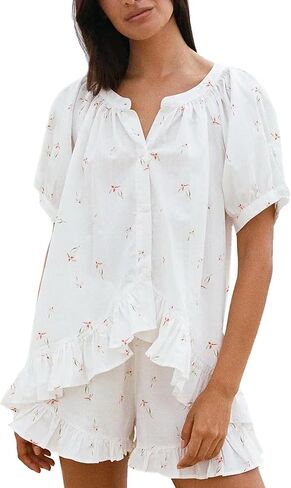 طقم بيجامة للنساء صيفي بأكمام قصيرة وقميص بيبي دول وسروال قصير مكون من قطعتين in Kuwait