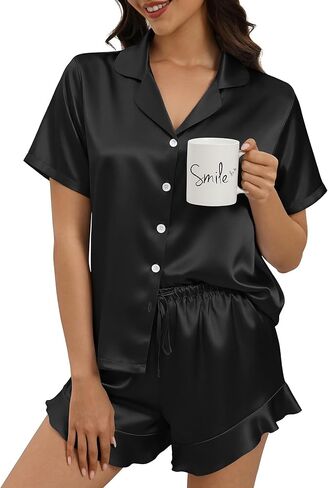 Silk Pajamas for Women Button Down 2 Piece Satin Pjs Shorts Set Ruffle Notch Collar Sleepwear Loungewear in Saudi Arabia
