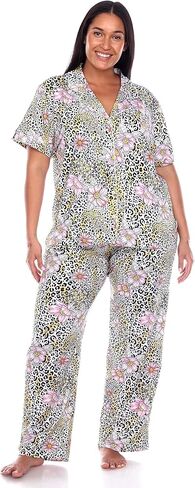 white mark Women's Plus Size Tropical Short Sleeve Button Up Top with Matching Long Pant Pajama Set in Kuwait