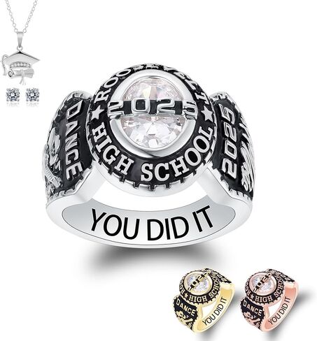 خواتم فئة مخصصة - خواتم جوهرة من الفضة الإسترليني مخصصة بالكامل للنساء - خواتم التخرج والكلية - مقاس المدرسة الثانوية 5-15 in Kuwait