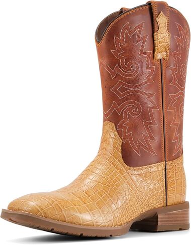 SUREWAY Men‘s Full Grain Leather Cowboy Boots with Ostrich Pattern，Square Toe Embroidery Western Boot, Oil and Slip Resistant， Durable 10-Inch Pull-On Wellington Boots for Men in Saudi Arabia