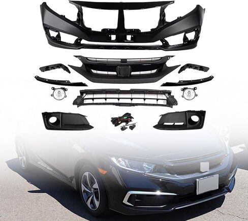 Civic Complete Front Bumper Cover Kit Fits 2019 2020 2021 Hon-da Civic LX, EX, Sport, Touring Sedan, W/Upper Grille Lower Grill & Fog Lights,With License Mount Hole in Saudi Arabia