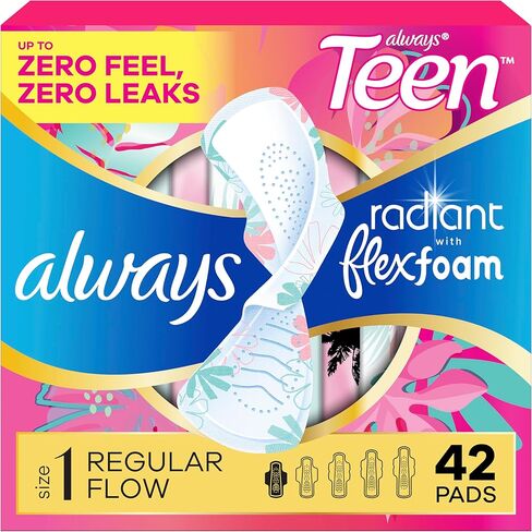 فوط صحية نسائية من Always Radiant للنساء، فوط فليكس فوم بأجنحة، مقاس 1، امتصاص عادي، معطرة بشكل خفيف، 42 قطعة in Kuwait