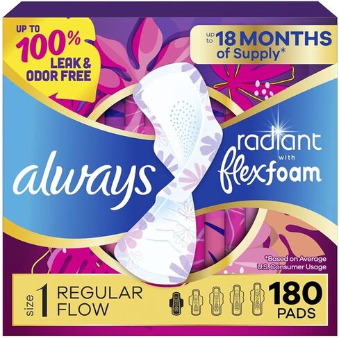 فوط صحية نسائية من Always Radiant للنساء، فوط فليكس فوم بأجنحة، مقاس 1، امتصاص عادي، معطرة بشكل خفيف، 42 قطعة in Kuwait