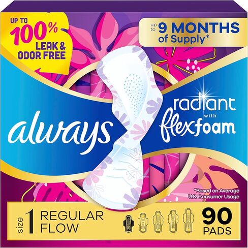 فوط صحية نسائية من Always Radiant للنساء، فوط فليكس فوم بأجنحة، مقاس 1، امتصاص عادي، معطرة بشكل خفيف، 42 قطعة in Kuwait