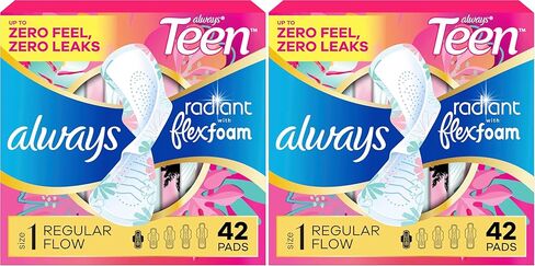 فوط صحية نسائية من Always Radiant للنساء، فوط فليكس فوم بأجنحة، مقاس 1، امتصاص عادي، معطرة بشكل خفيف، 42 قطعة in Kuwait
