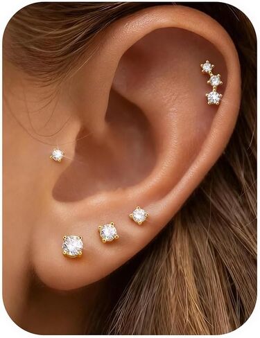 Thunaraz 14K الذهب مطلي أقراط صغيرة للنساء هيبوالرجينيك 925 الفضة الاسترليني مجموعة أقراط لثقب متعددة الغضروف الصغير الزنمة القرط داينتي 5 أزواج in Kuwait