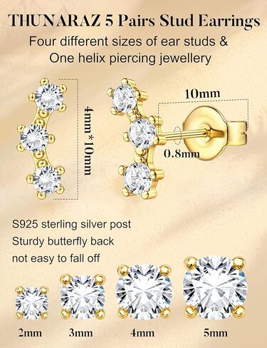 Thunaraz 14K الذهب مطلي أقراط صغيرة للنساء هيبوالرجينيك 925 الفضة الاسترليني مجموعة أقراط لثقب متعددة الغضروف الصغير الزنمة القرط داينتي 5 أزواج in Kuwait