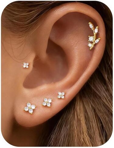 Thunaraz 14K الذهب مطلي أقراط صغيرة للنساء هيبوالرجينيك 925 الفضة الاسترليني مجموعة أقراط لثقب متعددة الغضروف الصغير الزنمة القرط داينتي 5 أزواج in Kuwait