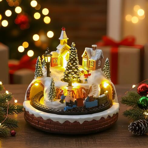 Christmas Village Decoration with Spinning Train & Snowman, Musical Collectible Buildings, 8 Songs, LED Lights, Timer Function, and Dual Power Options (USB or Battery) - Perfect Holiday Decor & Gift in Saudi Arabia