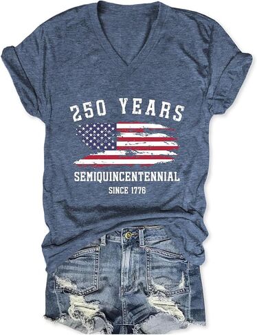 250th Anniversary USA Shirt Womens 250 Years Semiquincentennial V Neck T-Shirt American Flag Graphic Tee Casual Top in Saudi Arabia