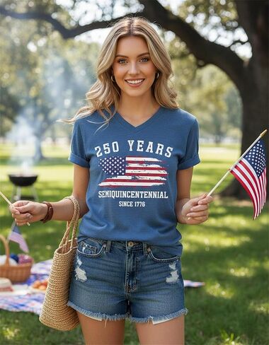 250th Anniversary USA Shirt Womens 250 Years Semiquincentennial V Neck T-Shirt American Flag Graphic Tee Casual Top in Saudi Arabia