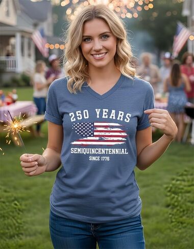 250th Anniversary USA Shirt Womens 250 Years Semiquincentennial V Neck T-Shirt American Flag Graphic Tee Casual Top in Saudi Arabia