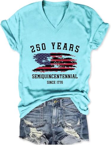 250th Anniversary USA Shirt Womens 250 Years Semiquincentennial V Neck T-Shirt American Flag Graphic Tee Casual Top in Saudi Arabia