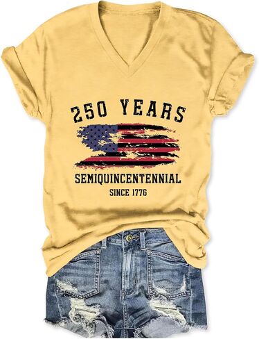 250th Anniversary USA Shirt Womens 250 Years Semiquincentennial V Neck T-Shirt American Flag Graphic Tee Casual Top in Saudi Arabia