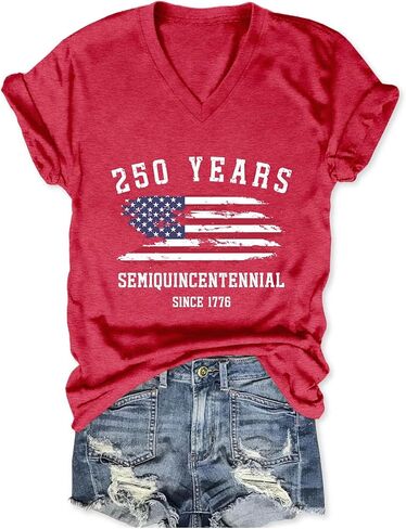 250th Anniversary USA Shirt Womens 250 Years Semiquincentennial V Neck T-Shirt American Flag Graphic Tee Casual Top in Saudi Arabia