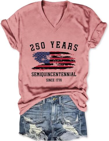 250th Anniversary USA Shirt Womens 250 Years Semiquincentennial V Neck T-Shirt American Flag Graphic Tee Casual Top in Saudi Arabia