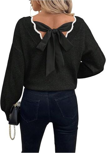 Women's Bowknot Sweater V Neck Long Sleeve Pullover Jumper Tops Fall Clothes in Saudi Arabia