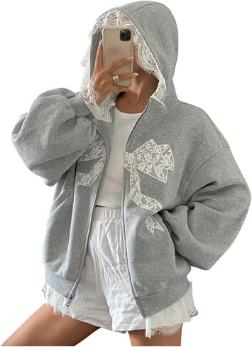 Floerns Women's Cute Bow Lace Trim Sweatshirts Zip Up Fall Outfit Hooded Sweatshirts in Saudi Arabia