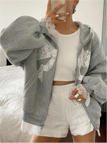 Floerns Women's Cute Bow Lace Trim Sweatshirts Zip Up Fall Outfit Hooded Sweatshirts in Saudi Arabia