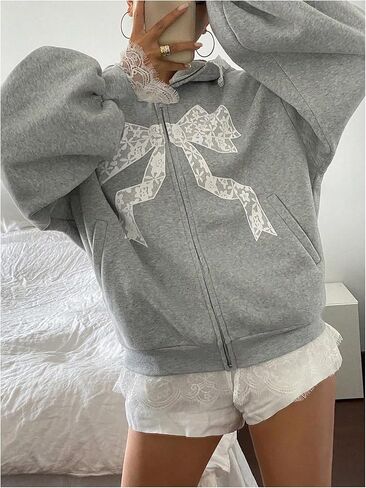 Floerns Women's Cute Bow Lace Trim Sweatshirts Zip Up Fall Outfit Hooded Sweatshirts in Saudi Arabia