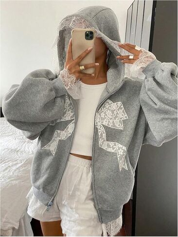 Floerns Women's Cute Bow Lace Trim Sweatshirts Zip Up Fall Outfit Hooded Sweatshirts in Saudi Arabia