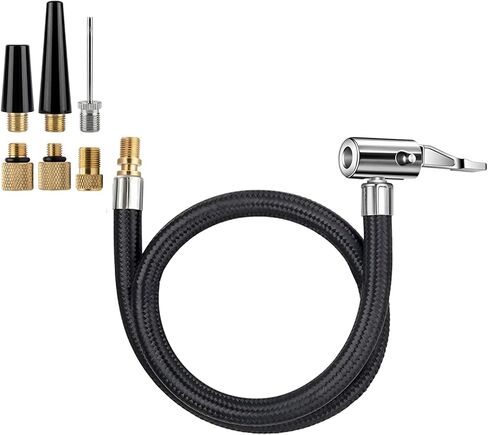 20'' Tire Inflator Hose Extension with 90 Degree Lock on Air Chuck, Heavy Duty Air Compressor Hose Adapter, Portable Tire Pump Replacement for Car, Bike Presta & Schrader, Ball Needle Included in Kuwait