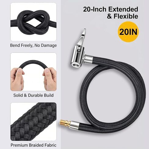 20'' Tire Inflator Hose Extension with 90 Degree Lock on Air Chuck, Heavy Duty Air Compressor Hose Adapter, Portable Tire Pump Replacement for Car, Bike Presta & Schrader, Ball Needle Included in Kuwait